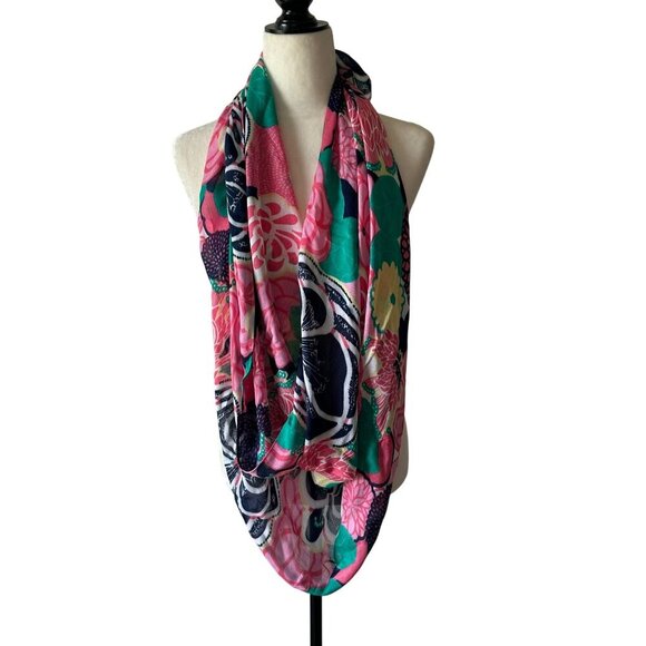 Floral Scarf Oblong Vibrant Flower Pink Navy Frayed Ends Fringe Long Wrap Hijab - Picture 7 of 13